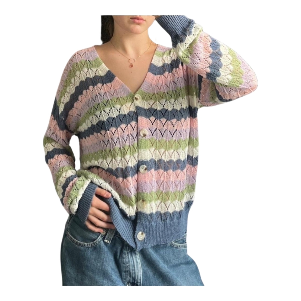 ABSOLUTELY Women's XL Striped Crochet Knit Multicolor Sweater NWT